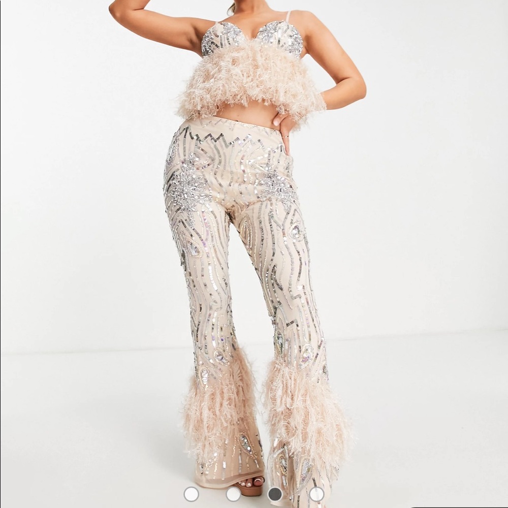 Matching sequin and feather set. Bralette and flare pants. Champagne/pink bridal